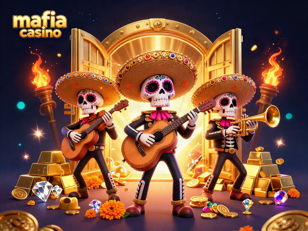 Engage with the excitement of Mafia Casino through vibrant 3D mariachi characters surrounded by treasures.