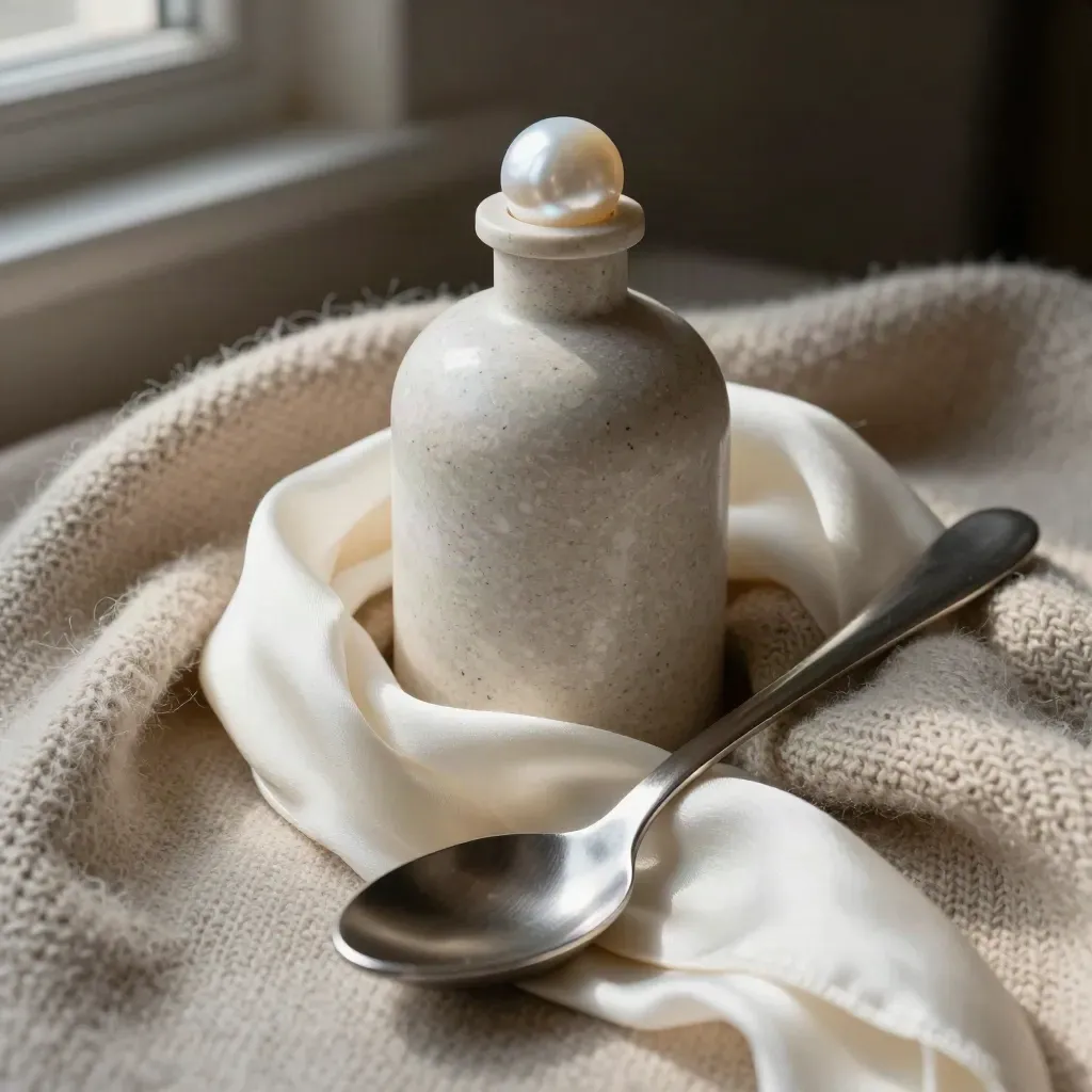 Bottiglia per lana e seta tra cashmere, sciarpa di seta e cucchiaio metallico su travertino.