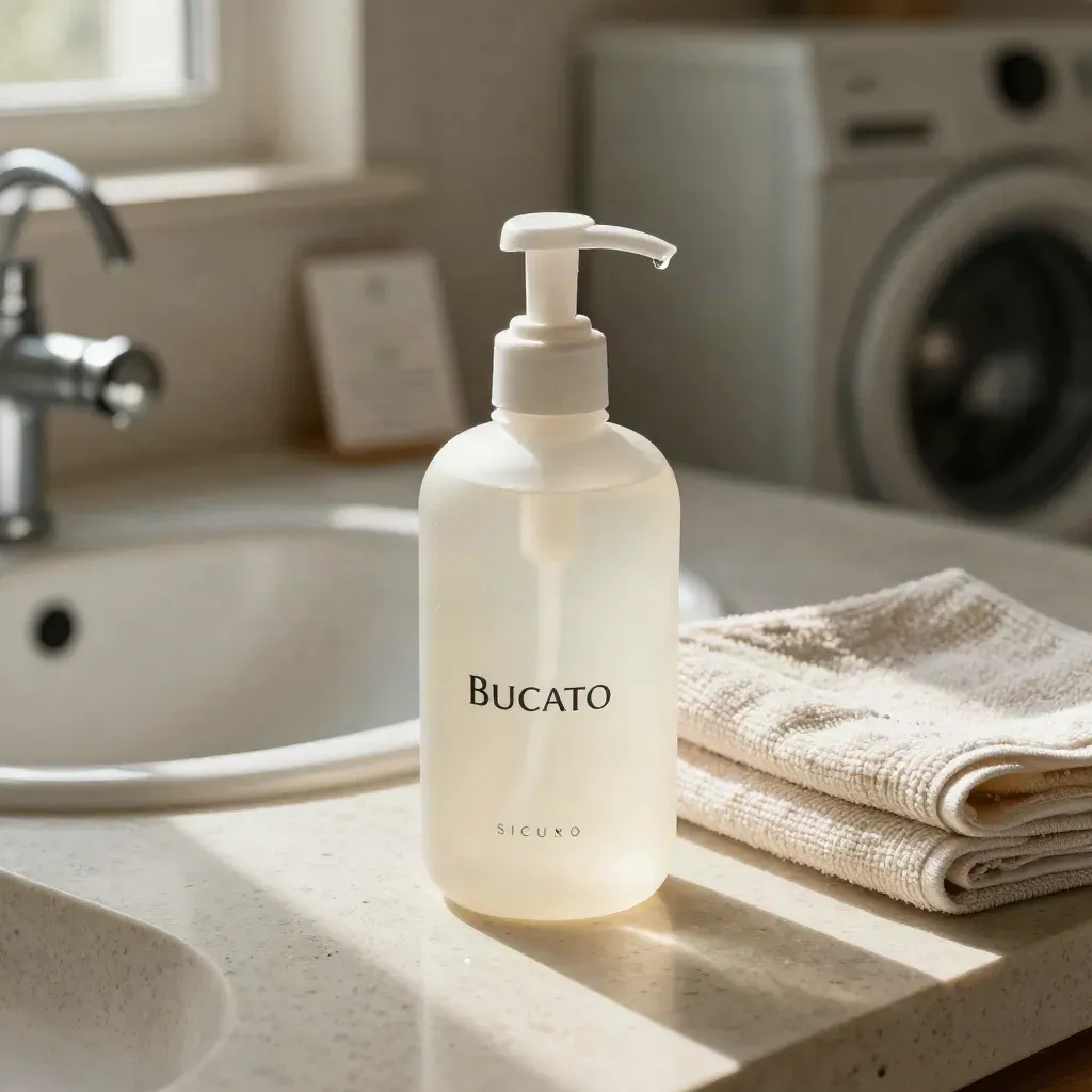 Bottiglia di sapone liquido delicato su travertino con asciugamano piegato e luce morbida.