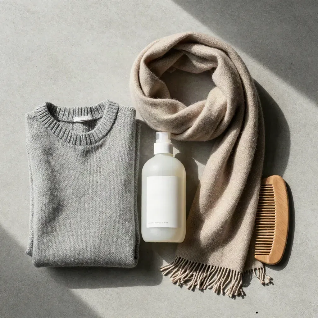 Flatlay dall'alto di detersivo lana e cashmere con maglione piegato, sciarpa morbida e pettine in metallo.
