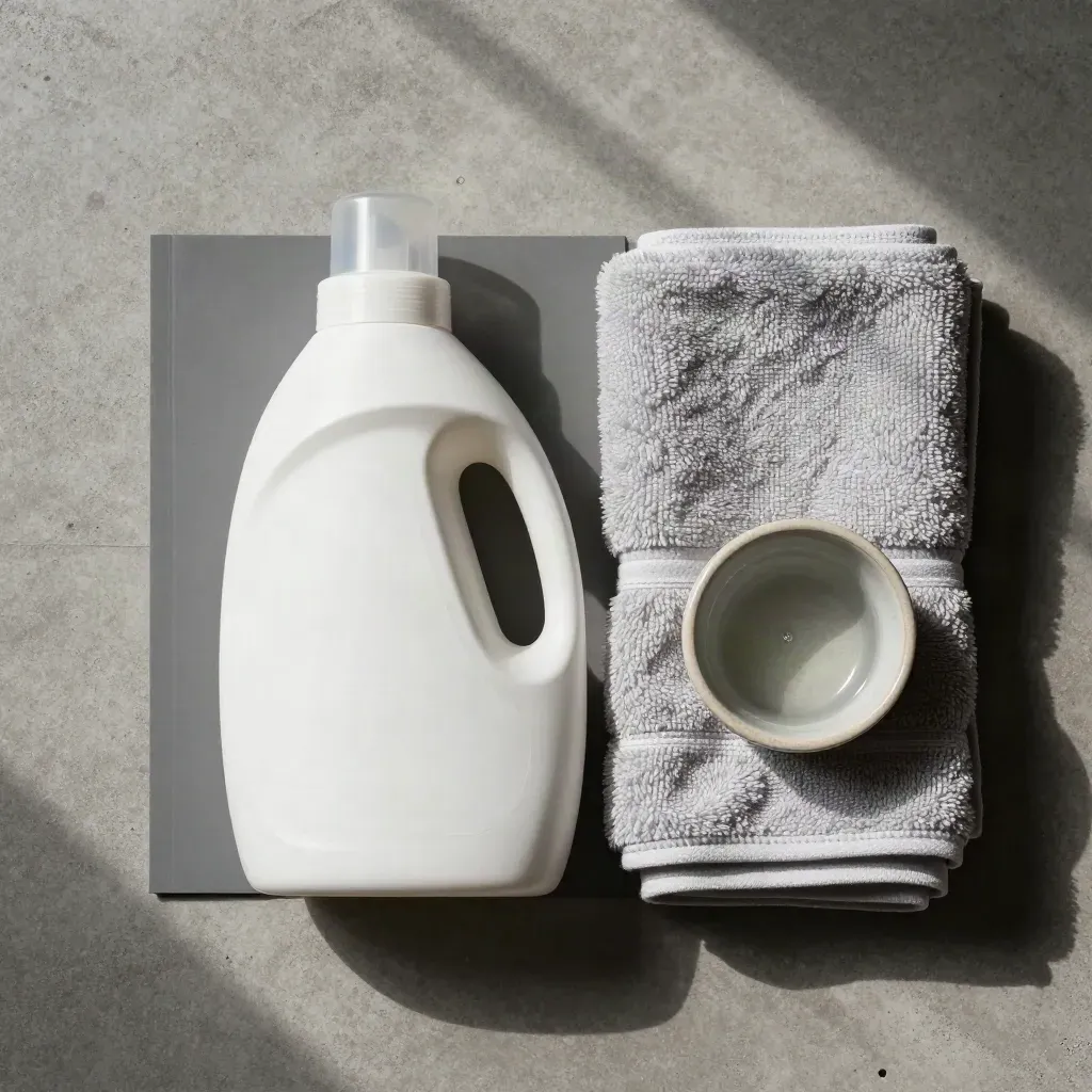 Flat lay dall’alto con flacone detersivo, asciugamani piegati e coppetta su cemento.
