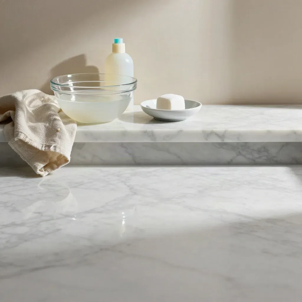 Marmo Carrara con lino piegato, ciotola di vetro e luce del mattino in una lavanderia elegante.