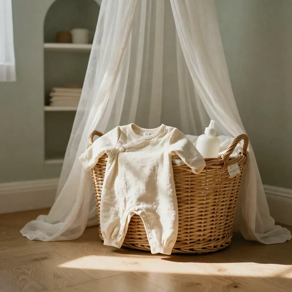Angolo nursery con tutina baby, telo in mussola e luce morbida su mensola ad arco.