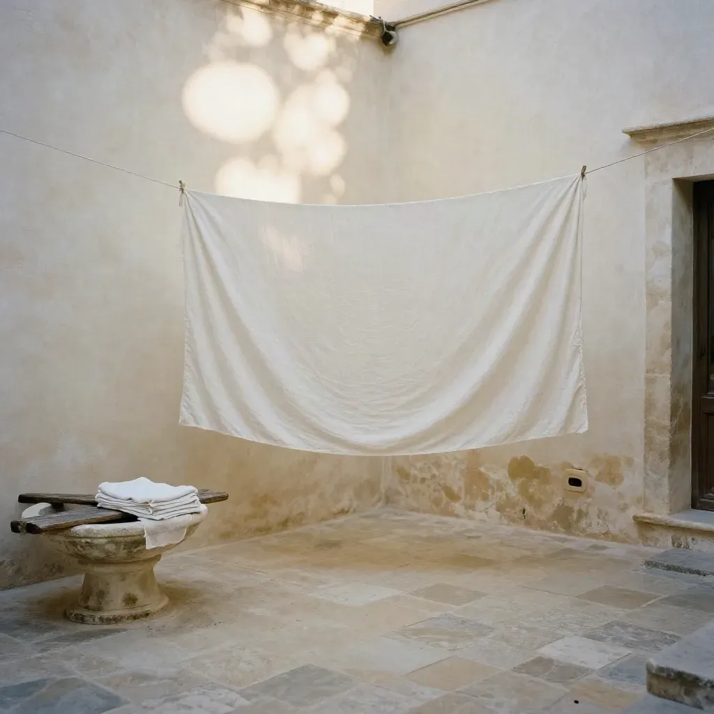 Cortile inondata di sole con lenzuolo steso e muro chiaro, atmosfera morbida e calma.