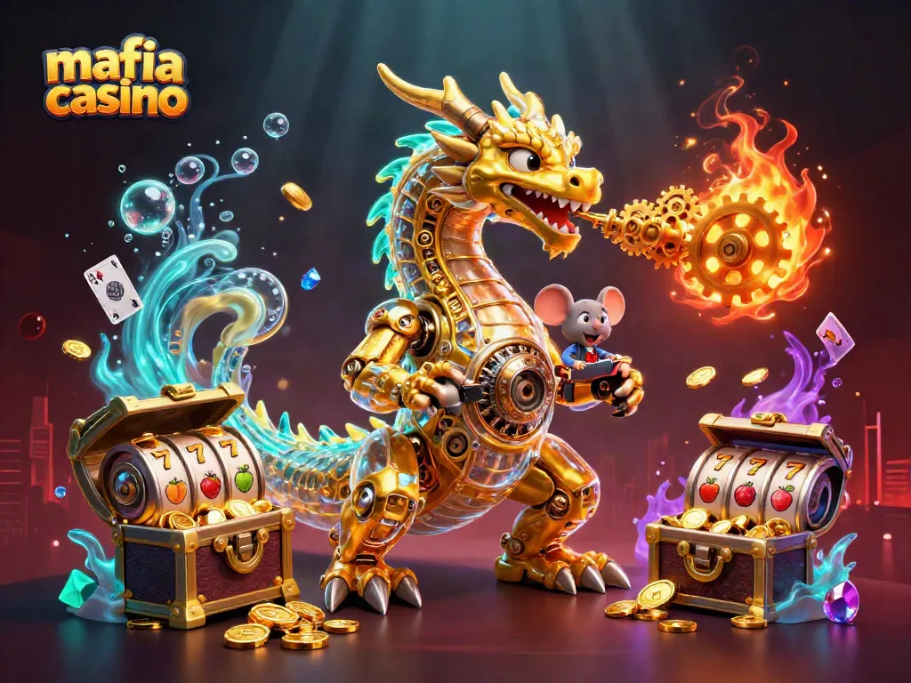 Mafia casino illustration featuring a golden dragon, slot reels, and dynamic game elements.