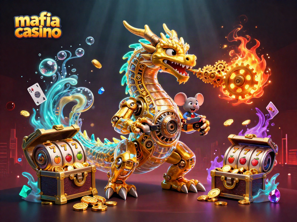 Mafia casino illustration featuring a golden dragon, slot reels, and dynamic game elements.